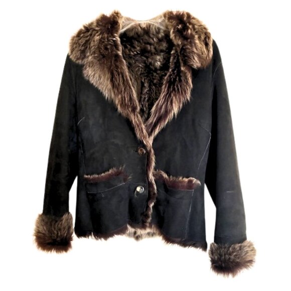 BALLY 1990s Black Suede Silver Fox Fur Jacket Sz 4 - Picture 1 of 10